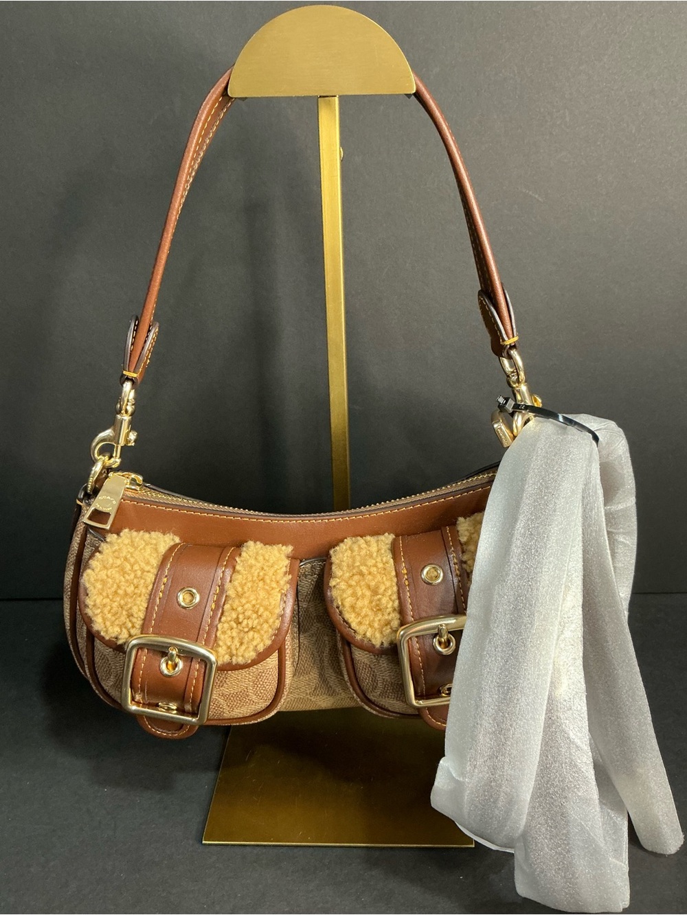 Coach Brown Shearling-Trim Crossbody Bag with Gold Hardware